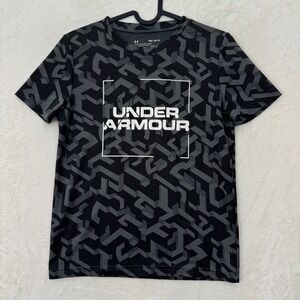 Under Armour T-Shirt Boys YMD Black Grey HeatGear Geometric Maze Loose Fit Tee
